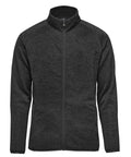 A dark grey zip-up fleece jacket with long sleeves and a stand-up collar, displayed against a white background.