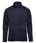 The Jackets product is a full-zip, long-sleeve dark blue fleece jacket with a high collar and streamlined design, shown against a white background. There are no visible logos or patterns on the jacket.