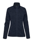 Jackets: A fitted, long-sleeve navy blue zip-up jacket featuring a heathered pattern and stand-up collar, shown on a white background.