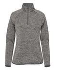 The Sports Overtops is a women’s heather grey long-sleeve pullover featuring a quarter-zip front, high collar with darker inner lining, fitted silhouette, and a textured marled fabric.