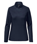 The Sports Over-tops is a navy blue, long-sleeve pullover featuring a quarter-zip front, stand-up collar, fitted design, and smooth, lightweight material.