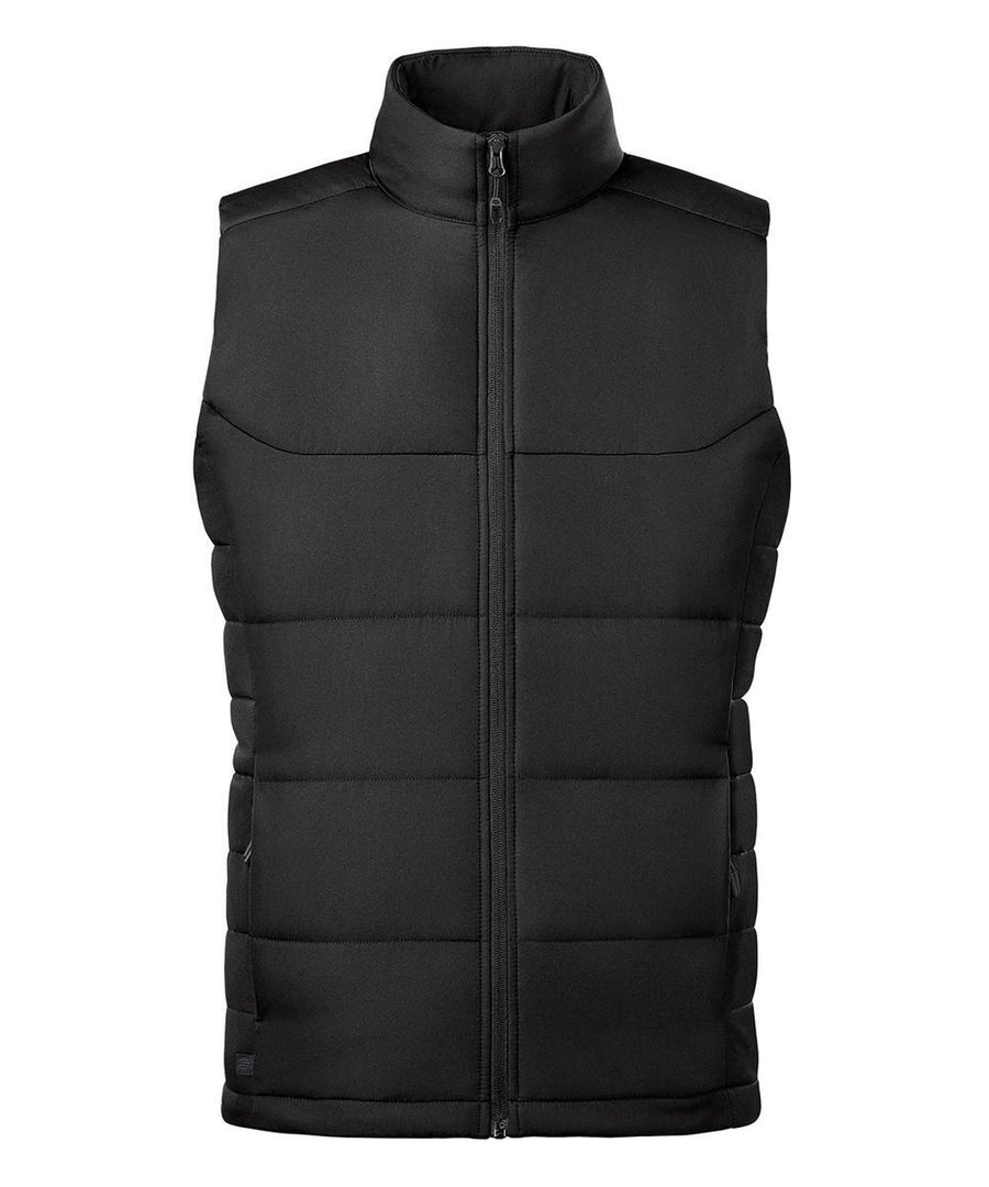 The Gilets & Body Warmers is a black, sleeveless quilted puffer gilet featuring a high collar and front zip fastening, photographed against a white background.