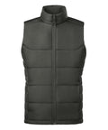 The Gilets & Body Warmers is a dark grey, sleeveless padded gilet with a high collar, front zip, horizontal quilting, and two zipped side pockets, shown laid flat on a white background.