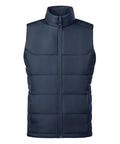 A navy Gilets & Body Warmers sleeveless puffer gilet with a high collar, front zip, quilted stitching, and zipped side pockets is displayed front-facing on a plain white background.