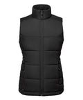 A black Gilets & Body Warmers sleeveless quilted puffer gilet with a high collar and front zip, shown against a plain white background.