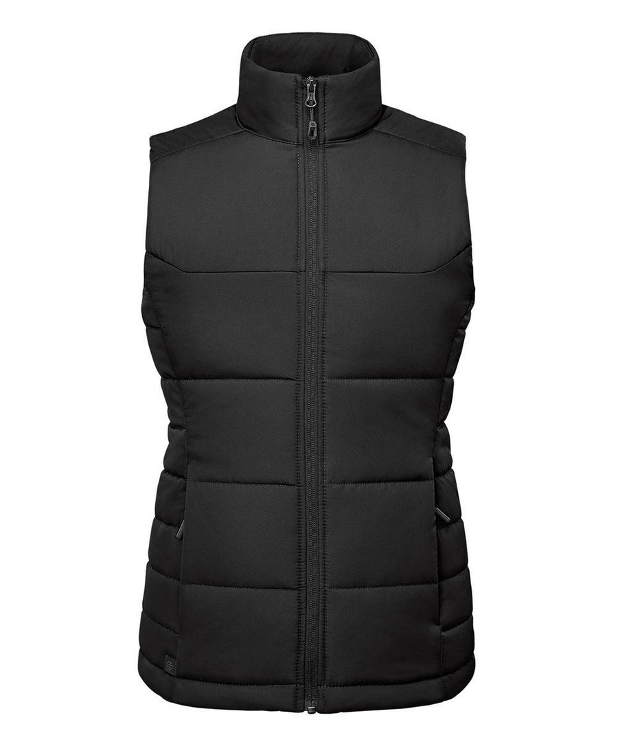 A black Gilets & Body Warmers sleeveless quilted puffer gilet with a high collar and front zip, shown against a plain white background.
