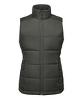 A dark green, sleeveless gilet and body warmer puffer vest with a zip-up front, high collar, and horizontal stitching, displayed on a plain white background.