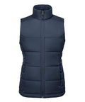A navy blue, sleeveless gilet and body warmer quilted puffer vest with a high collar and front zip, shown on a plain white background.