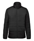 The Jackets is a black, quilted puffer with a front zip, high collar, long sleeves, and horizontal stitching for a simple, solid look.