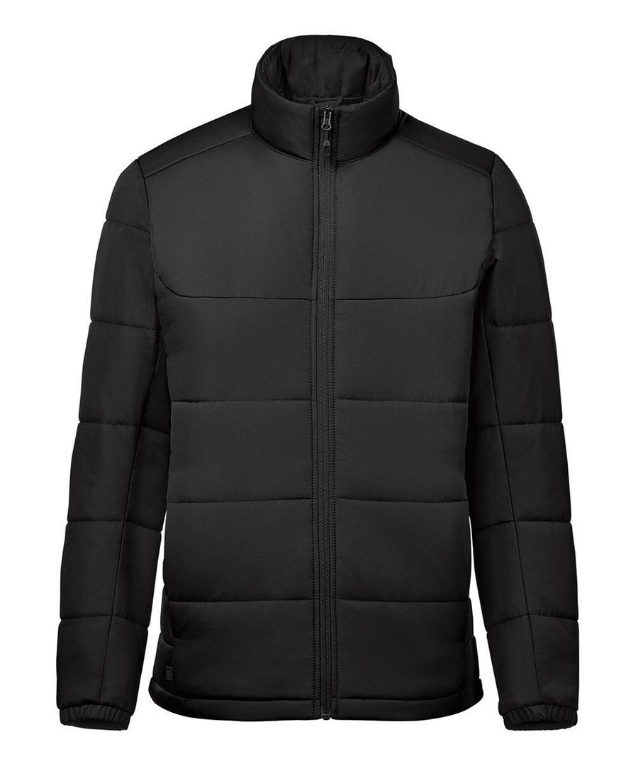 The Jackets is a black, quilted puffer with a front zip, high collar, long sleeves, and horizontal stitching for a simple, solid look.