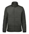 A dark green quilted puffer jacket called "Jackets" features a high collar, front zip fastening, and long sleeves. Displayed against a white background, it has no visible logos or branding.
