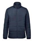 The Jackets product is a navy blue quilted puffer jacket featuring a front zip, high collar, and long sleeves. Its minimalist design includes horizontal and vertical stitching.