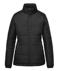 A black quilted jacket puffer with a high collar, front zip, long sleeves, and horizontal stitching is displayed on a white background.
