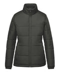 A front view of a black quilted puffer jacket with long sleeves, horizontal stitching, a stand-up collar, and zipped fastening.