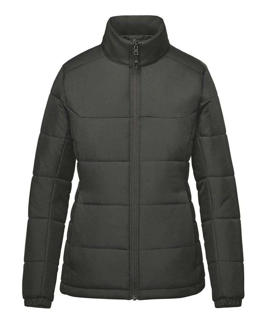 A front view of a black quilted puffer jacket with long sleeves, horizontal stitching, a stand-up collar, and zipped fastening.
