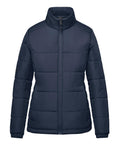 A navy blue, quilted puffer jacket from Jackets, featuring a front zip fastening and stand-up collar, displayed on a plain white background.