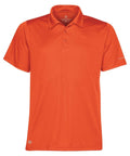Introducing the ST669 by Stormtech: a vibrant orange short-sleeve polo shirt featuring a collar and three buttons. This lightweight shirt is crafted from smooth fabric and is adorned with embroidered logos—one on the sleeve and another near the hem.