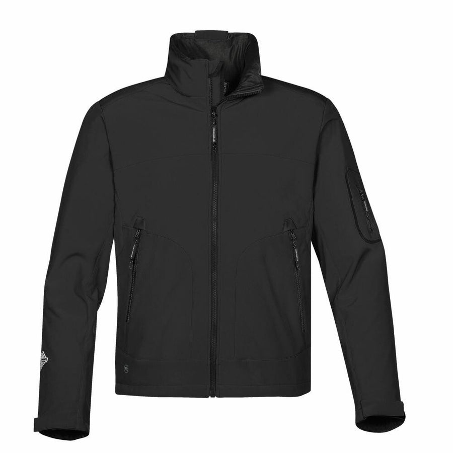 Stormtech's ST800 black zip-up jacket comes with a high collar, side pockets, and a subtle logo on the sleeve.