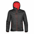 Stormtech ST803 jacket featuring a black puffer design with red hood and zipper accents, showcased on a white background.