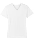 The SX021 from Stanley/Stella, a plain white V-neck T-shirt with short sleeves and a minimalist design, is displayed against a white background.