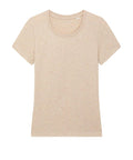 A plain, short-sleeved crew neck T-shirt in a light peach or beige colour is laid flat on a white background, with no visible patterns, logos, or embellishments.