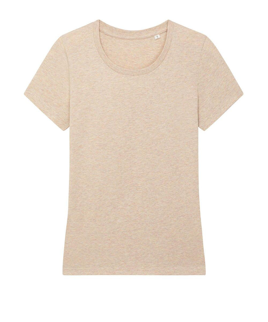 A plain, short-sleeved crew neck T-shirt in a light peach or beige colour is laid flat on a white background, with no visible patterns, logos, or embellishments.