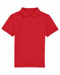 Introducing the Stanley/Stella SX117: a sleek red polo shirt with a classic collar and short sleeves, designed with three buttons on the front.