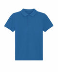 The SX117 by Stanley/Stella is a plain blue polo shirt featuring short sleeves and a collar, showcased against a white background.