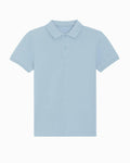 The SX117 from Stanley/Stella is a light blue polo shirt featuring short sleeves, a collar, and a two-button placket. It is displayed laid flat against a white background.