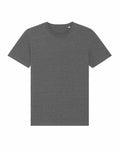 The SX141 by Stanley/Stella is a plain, dark gray T-shirt featuring short sleeves and a round neckline, showcased laid flat against a white background.