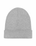 The SX146 by Stanley/Stella is a plain gray beanie featuring a folded brim, showcased against a white background. Its texture looks soft and knitted.