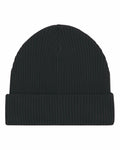 The SX147 is a black ribbed knit beanie with a folded cuff from Stanley/Stella.