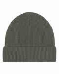 A green ribbed knit beanie from Stanley/Stella, model SX147, presented flat against a white background with a folded brim.