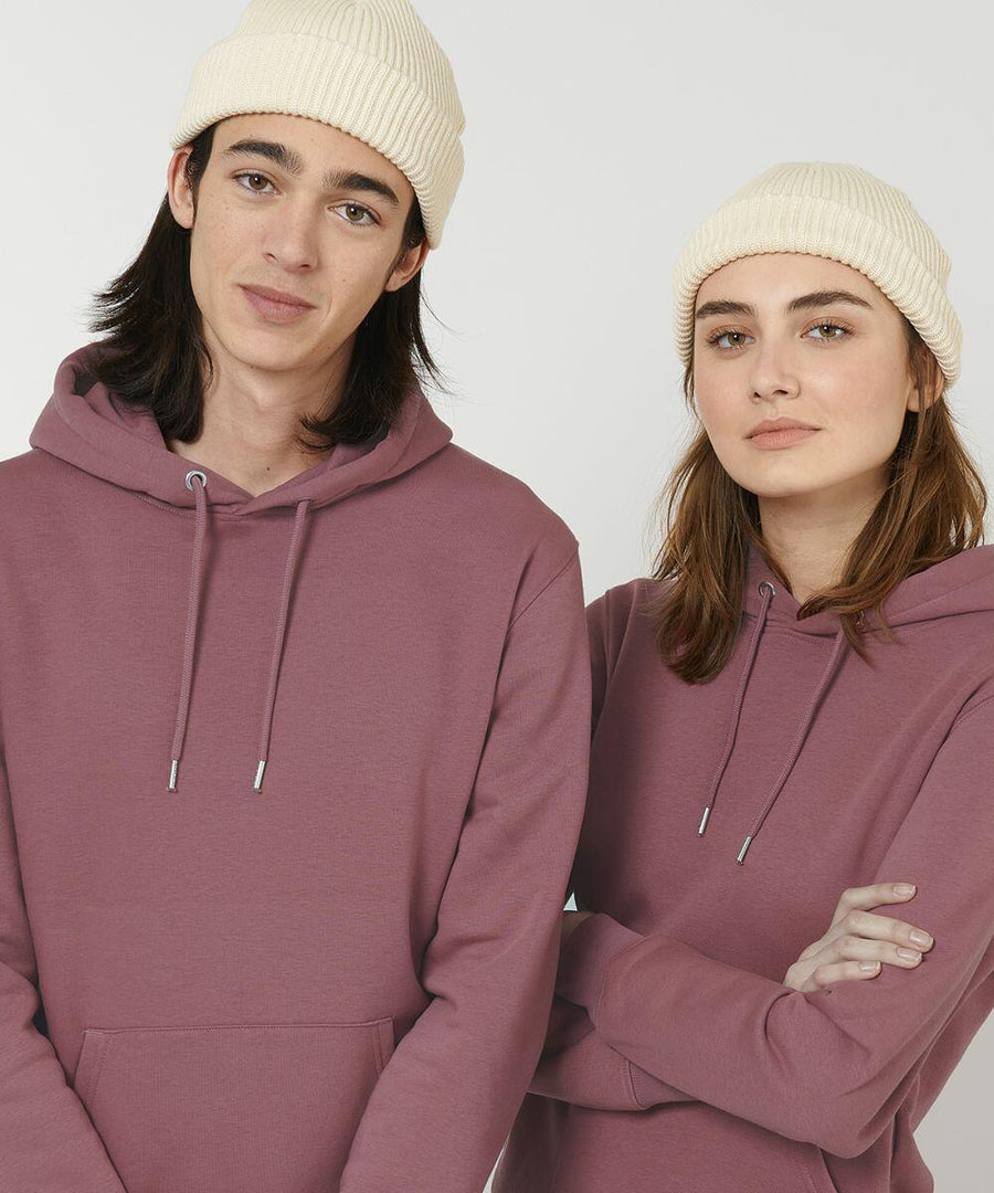Two individuals wearing Stanley/Stella SX147 knit hats and mauve hoodies stand side by side against a plain background.