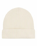 The SX147 from Stanley/Stella is a beige, ribbed knit beanie with a folded cuff.