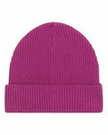 The SX147 by Stanley/Stella is a vibrant pink ribbed knit beanie featuring a folded brim, showcased on a white background.