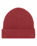 The SX147, a red knitted beanie featuring a folded brim from Stanley/Stella, is displayed against a white background.