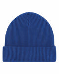 Stanley/Stella's SX147, a plain blue knitted beanie with a ribbed texture and folded cuff.