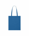 Product Description: The SX148 by Stanley/Stella is a plain blue tote bag featuring long handles, shown against a white background.