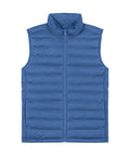 The Gilets & Body Warmers blue sleeveless puffer gilet features a high collar, front zip, and horizontal quilted sections for insulation, displayed flat on a white background.