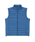 The Gilets & Body Warmers is a blue, sleeveless puffer gilet featuring a front zip, horizontal stitching, and a stand-up collar, displayed flat on a white background.