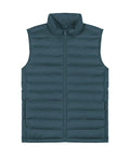 A teal Gilets & Body Warmers sleeveless padded gilet with horizontal quilting and a front zip is laid flat on a white background.