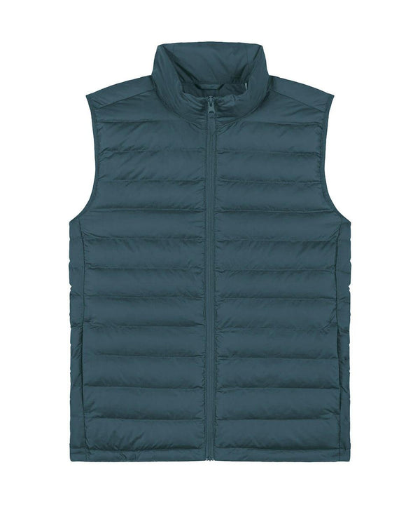 A teal Gilets & Body Warmers sleeveless padded gilet with horizontal quilting and a front zip is laid flat on a white background.