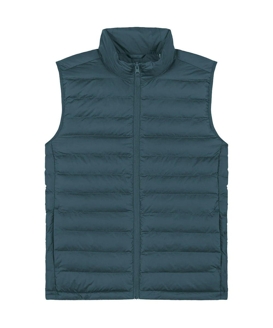 A teal Gilets & Body Warmers sleeveless padded gilet with horizontal quilting and a front zip is laid flat on a white background.