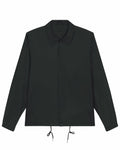 The SX176 from Stanley/Stella is a dark green jacket featuring a button-up design, a collar, long sleeves, and drawstrings at the hem.