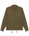 Stanley/Stella SX176 olive green button-up jacket featuring a collar, drawstring hem, and two front pockets.