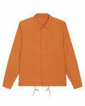 The SX176 by Stanley/Stella is an orange button-up jacket featuring a collar and drawstrings at the hem.