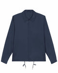 The SX176 by Stanley/Stella is a navy blue button-up windbreaker jacket featuring a pointed collar, two side pockets, and adjustable drawstrings at the hem. The jacket boasts a simple, minimalistic design.