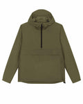 SX177 by Stanley/Stella - a stylish olive green hooded jacket featuring a half-zip front and a spacious front pocket.