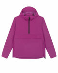 Introducing the SX177 by Stanley/Stella: a vibrant pink hooded jacket featuring a front zip, kangaroo pocket, long sleeves, and an adjustable drawstring at the bottom hem.